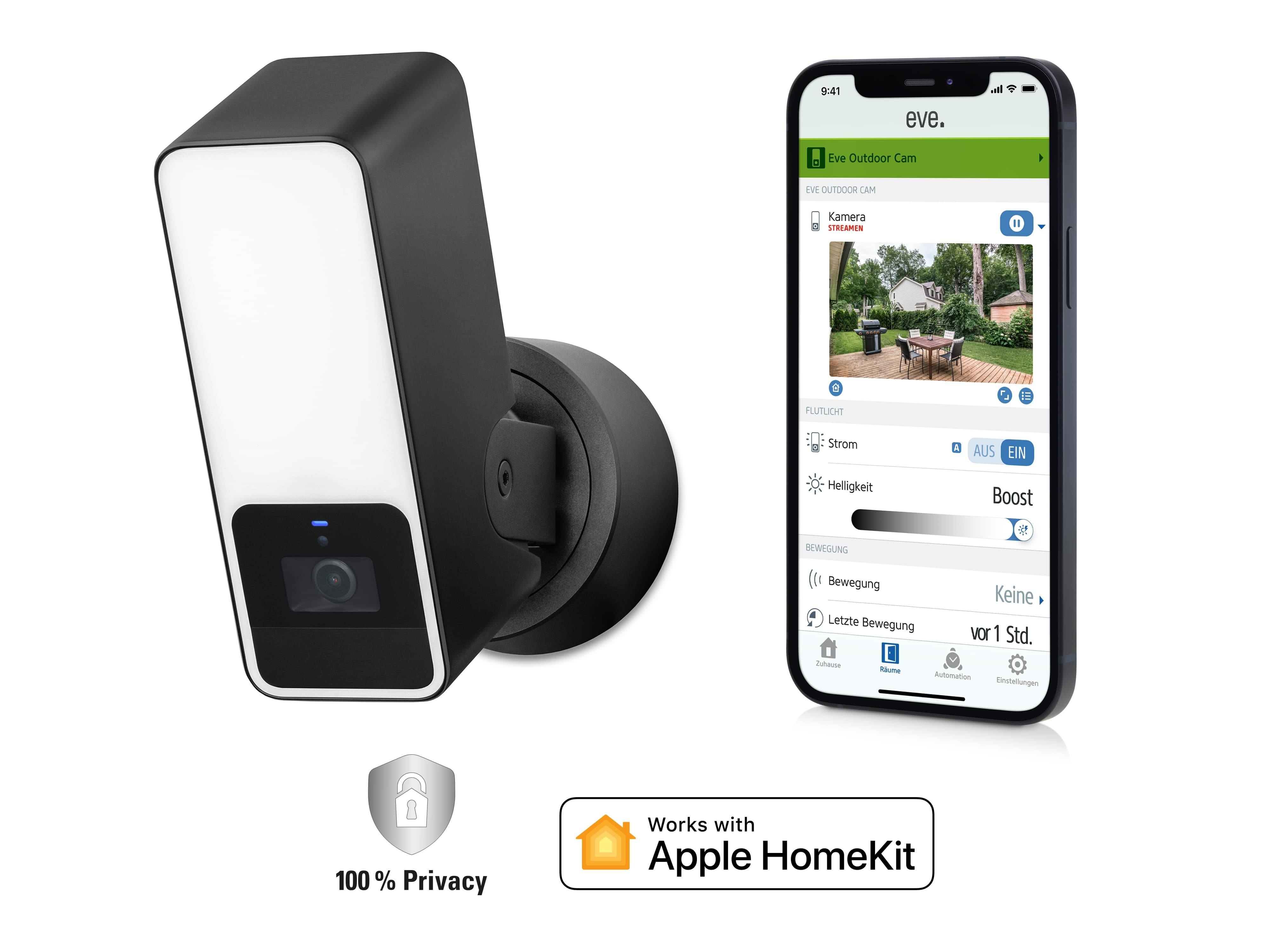 Schwarze Outdoor-Sicherheitskamera mit weißer Front und Smartphone-Anzeige.