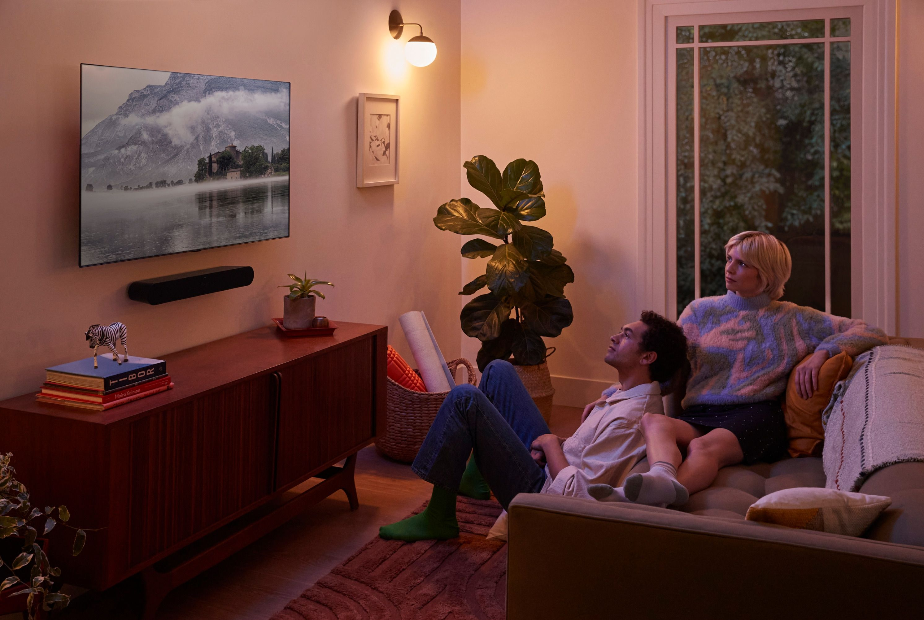 Un soggiorno con TV, persone su un divano, una pianta e una finestra.