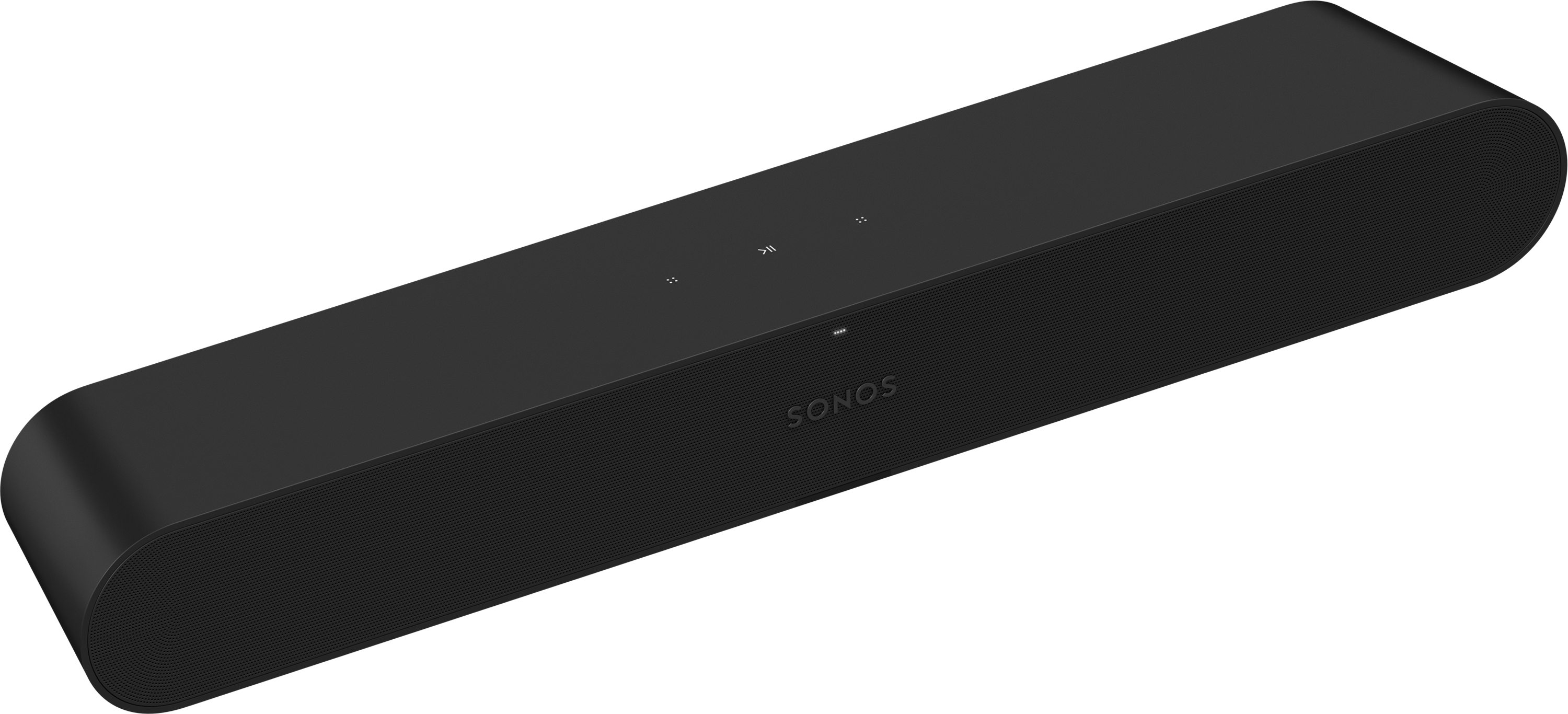 Soundbar Sonos nera. Design minimalista. Logo Sonos sul fronte.