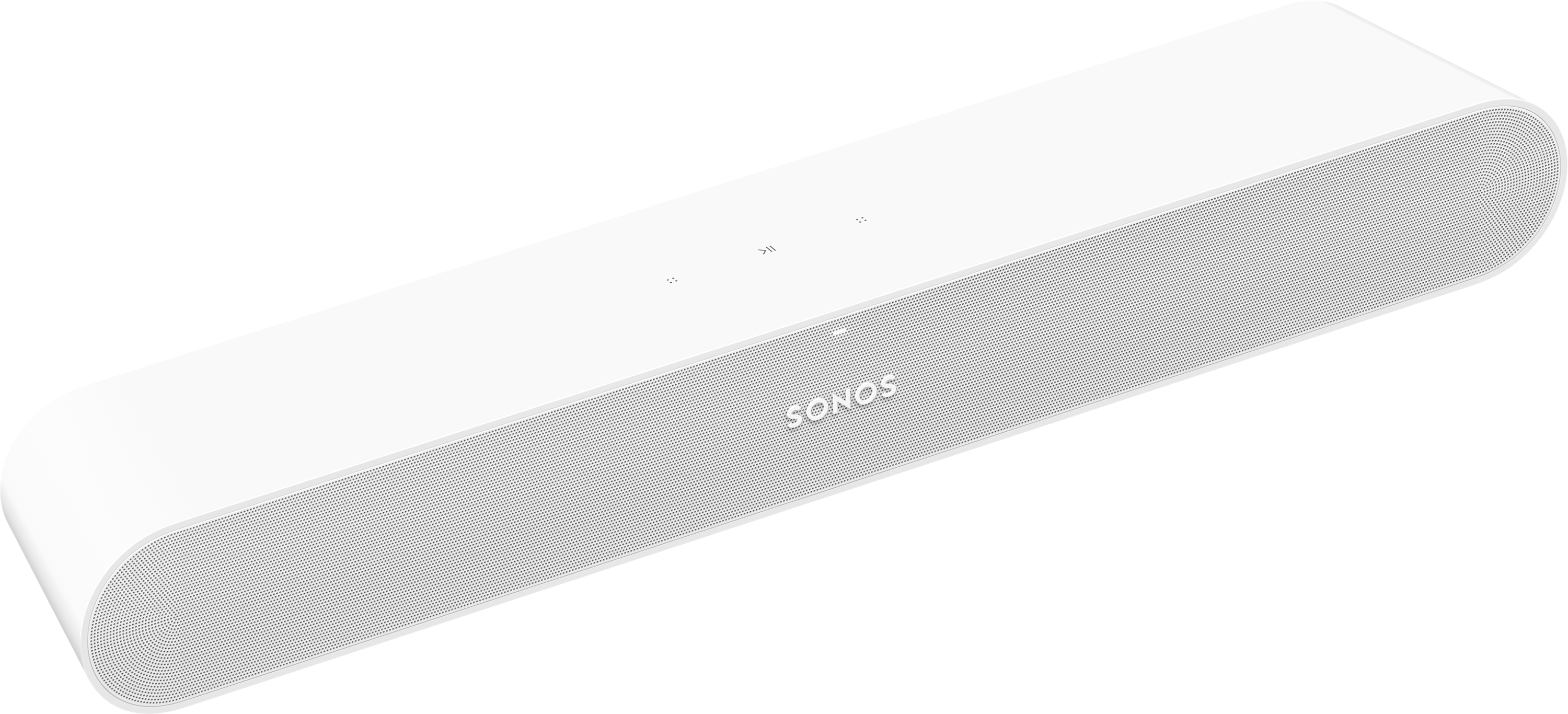 Eine weiße Sonos Soundbar mit Mesh-Front und Knöpfen oben.