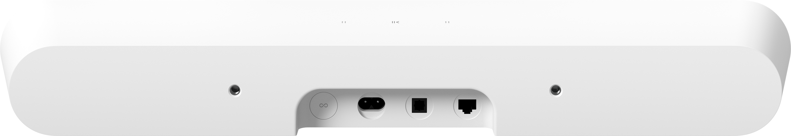 Rückansicht einer weißen Soundbar mit Strom-, Ethernet- und anderen Anschlüssen.