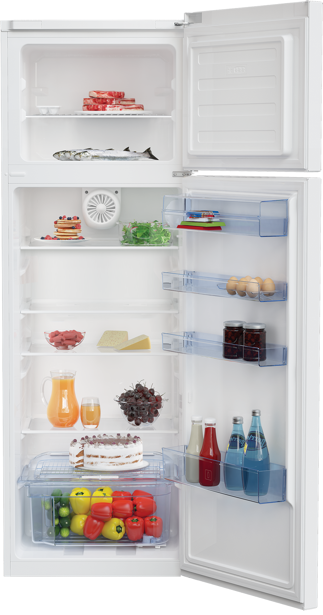 Refrigerador blanco con puerta abierta, estantes con comida y compartimento congelador.