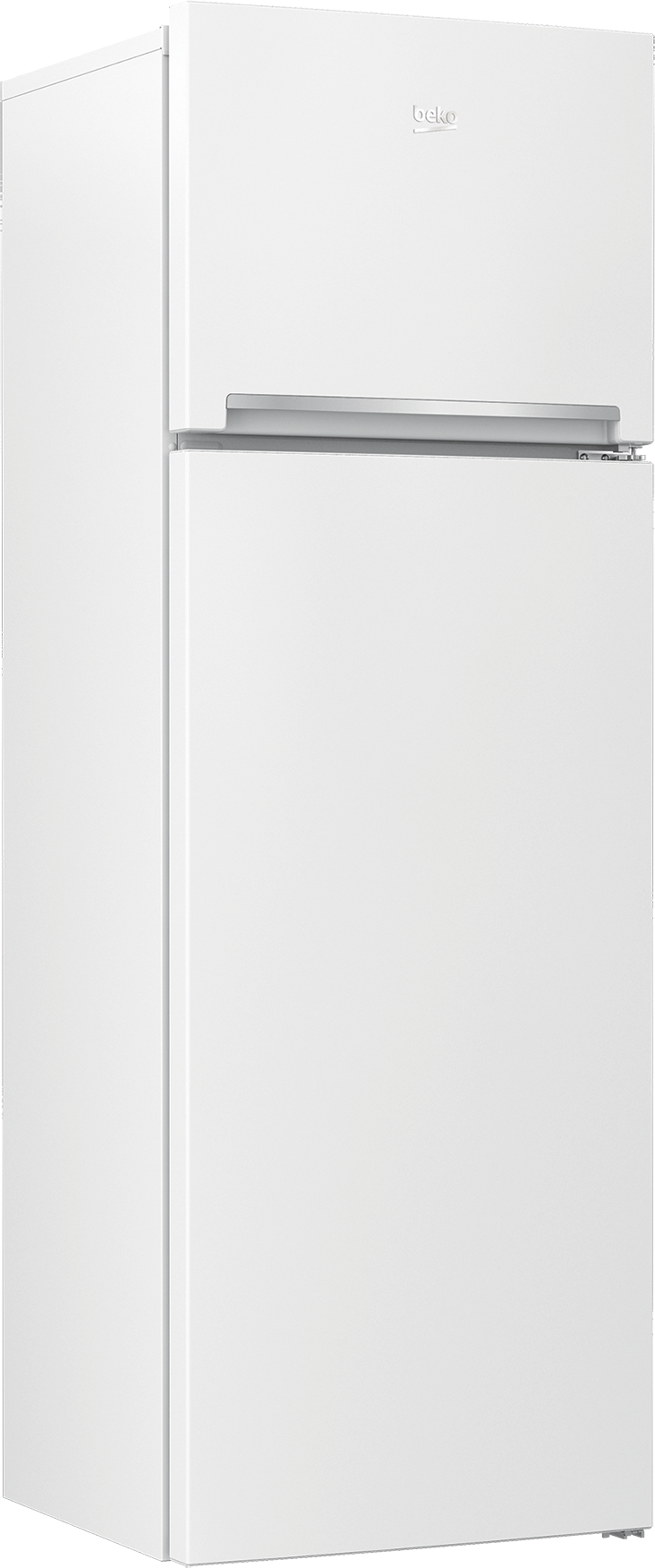 Refrigerador blanco con congelador arriba. Se ve el logo de Beko.