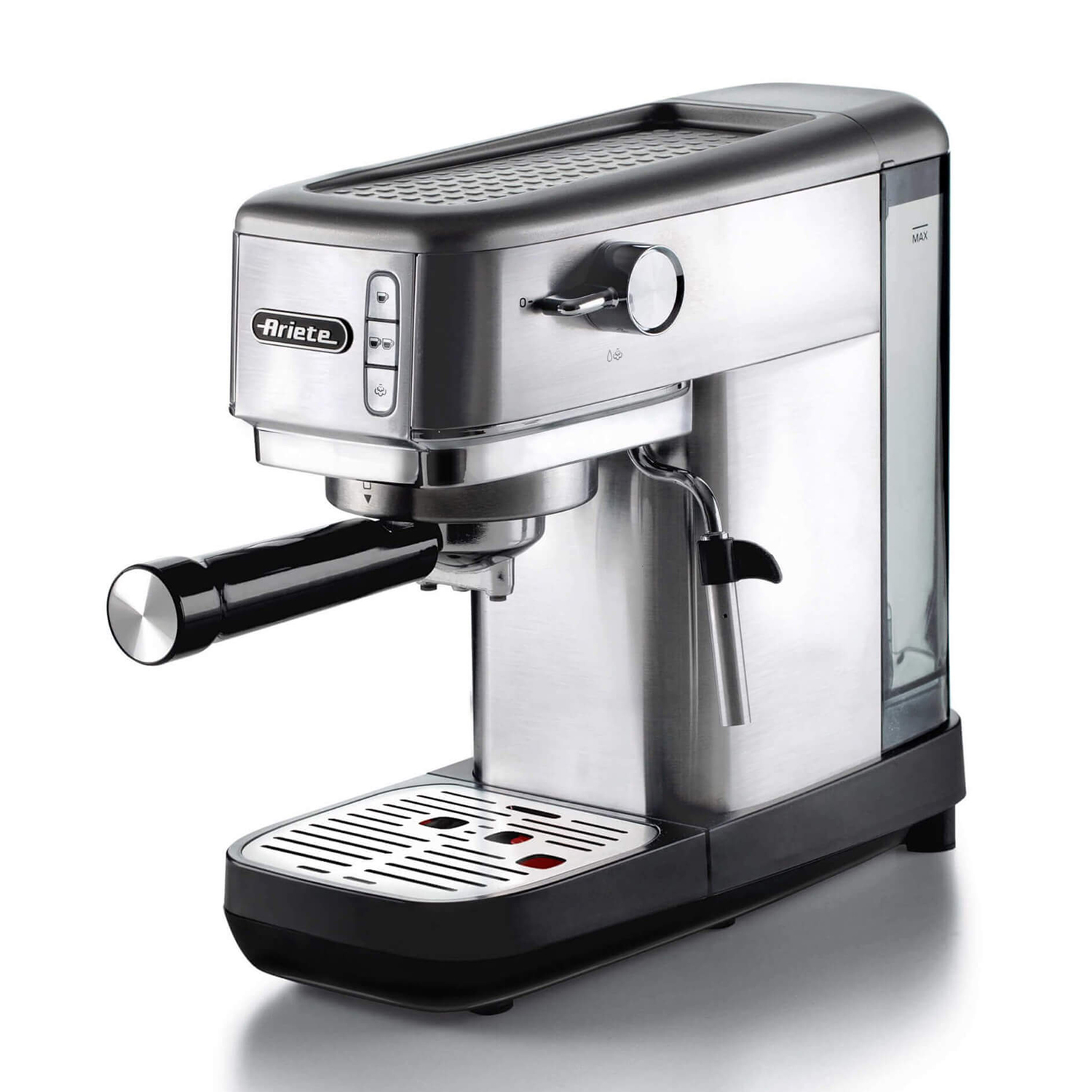 Macchina per espresso Ariete argento e nera su una superficie bianca, con manico nero.