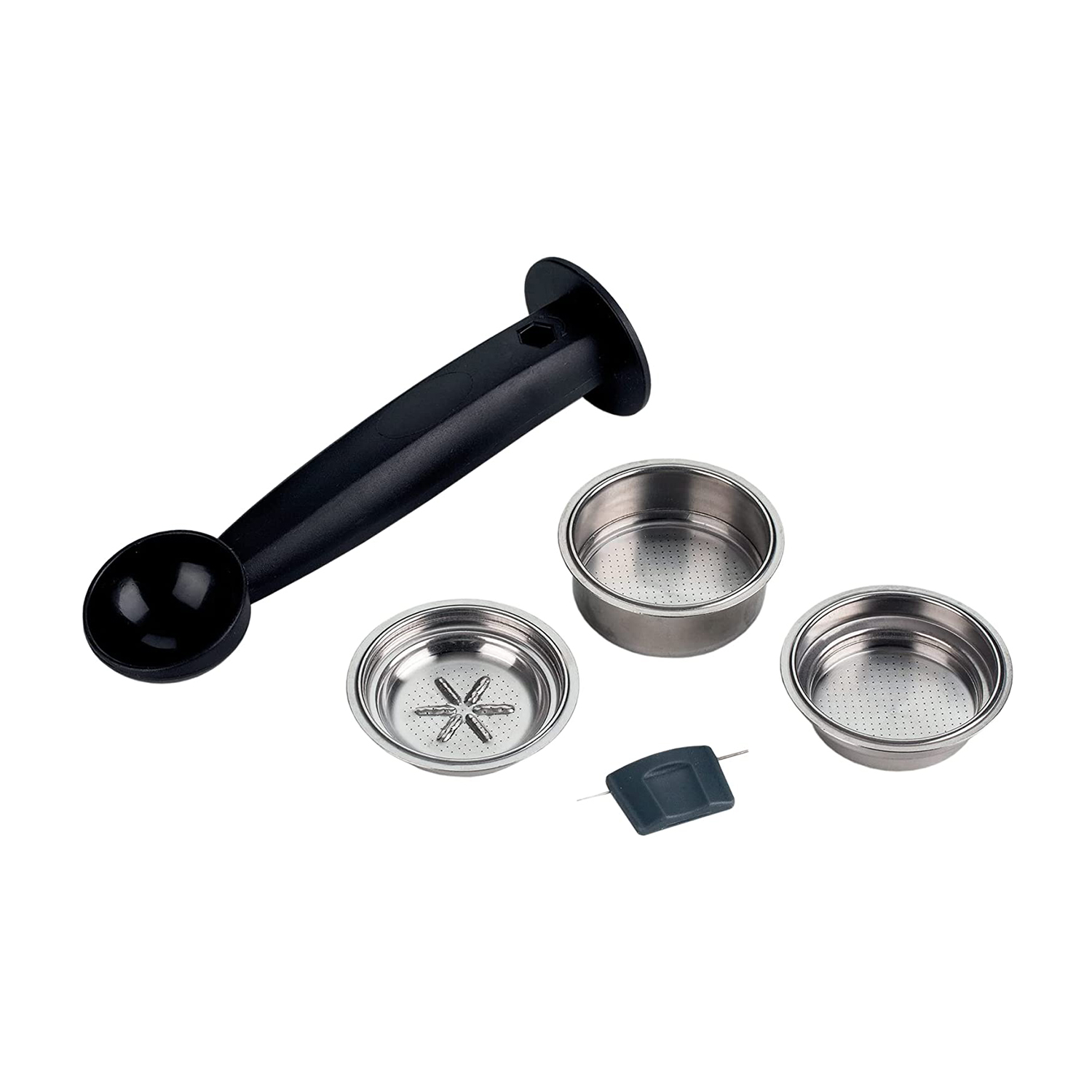 Accessori per macchina da caffè, tra cui portafiltro e cestelli filtranti.
