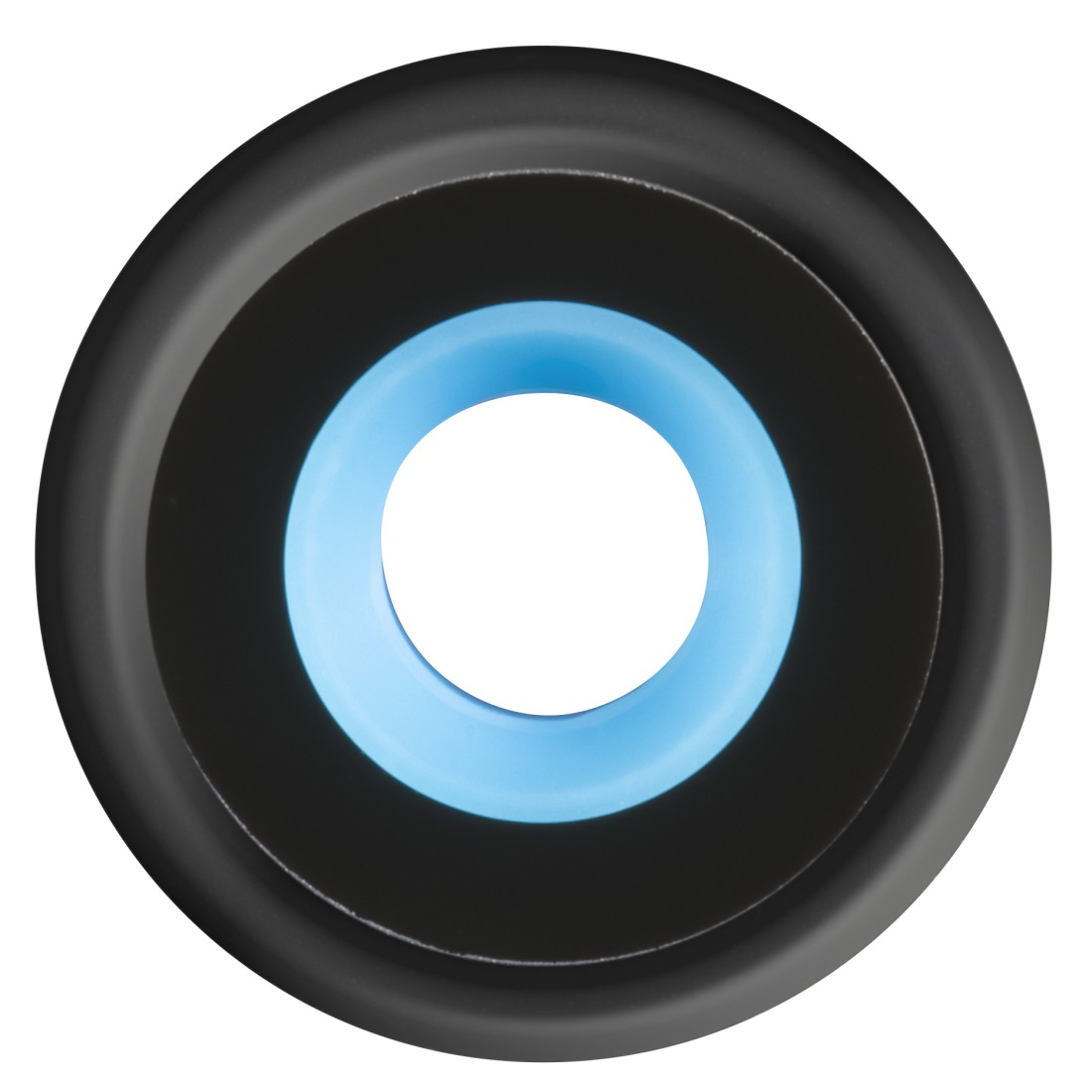 Schwarzer Ring mit blauem Innenring und weißer Mitte.