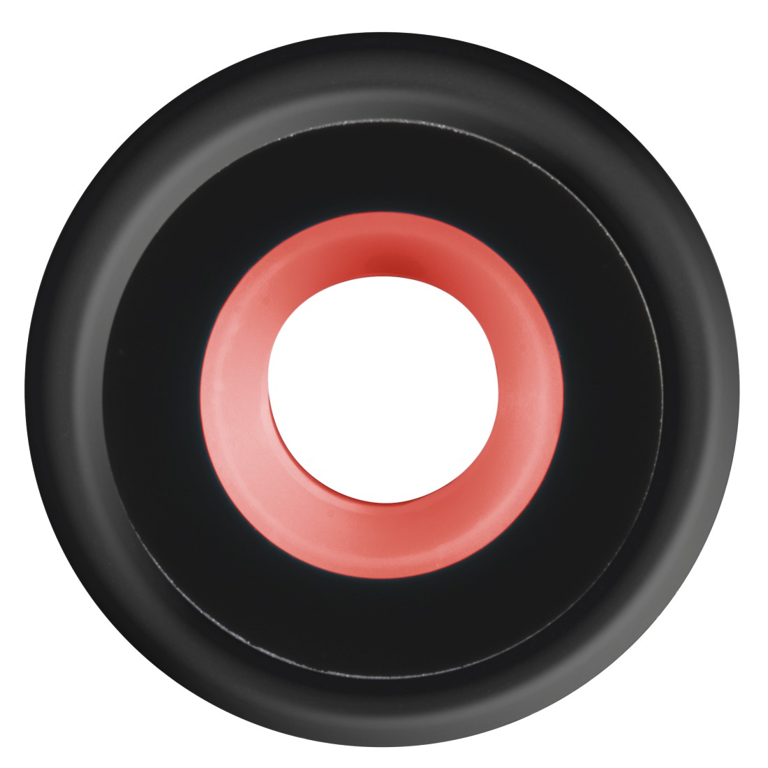 Eine schwarze und rote Ohrhörerkomponente, eine kreisförmige Form mit einem roten Innenkreis.