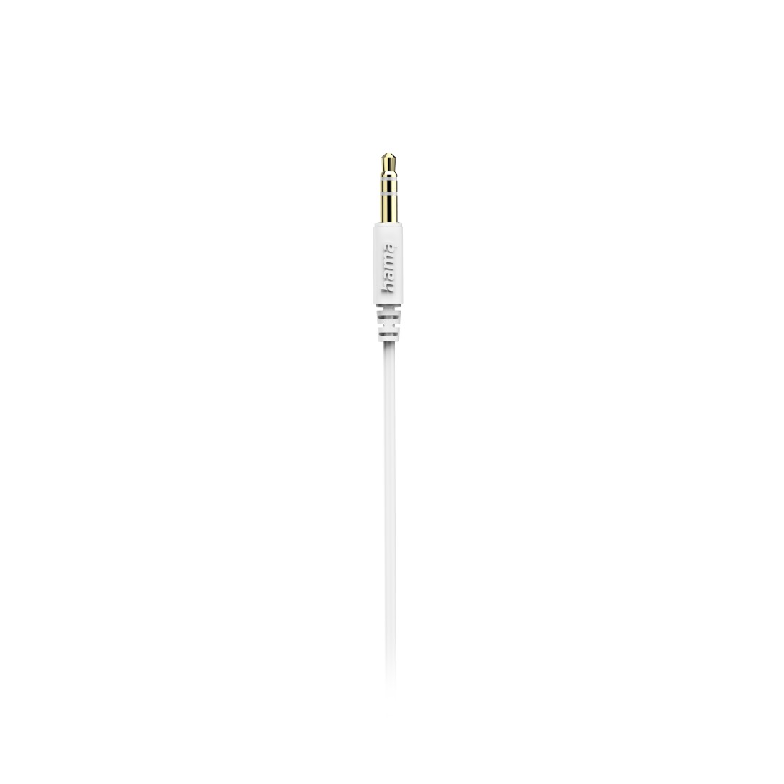 Weißes Audio-Kabel mit goldfarbenem Stecker.