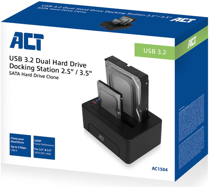 A box for a dual hard drive docking station, with HDDs, black dock and ACT branding.