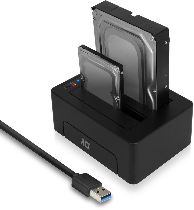 Black hard drive docking station with two HDDs inserted.