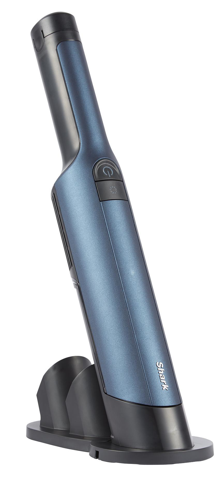 Handstaubsauger auf Ladestation. Blauer Korpus mit schwarzem Sockel.