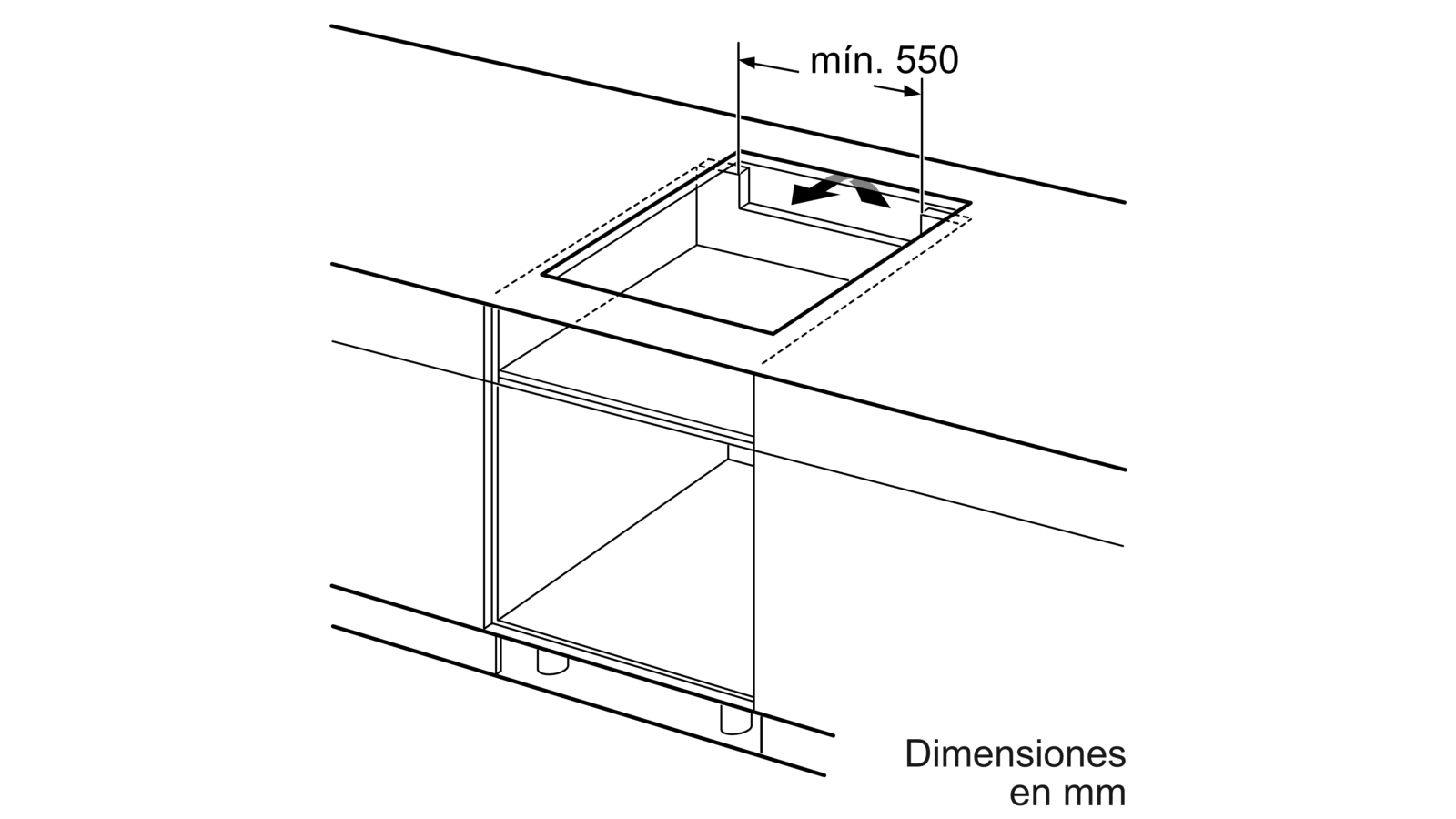 Dibujo técnico de una placa de cocina, con dimensiones en mm.