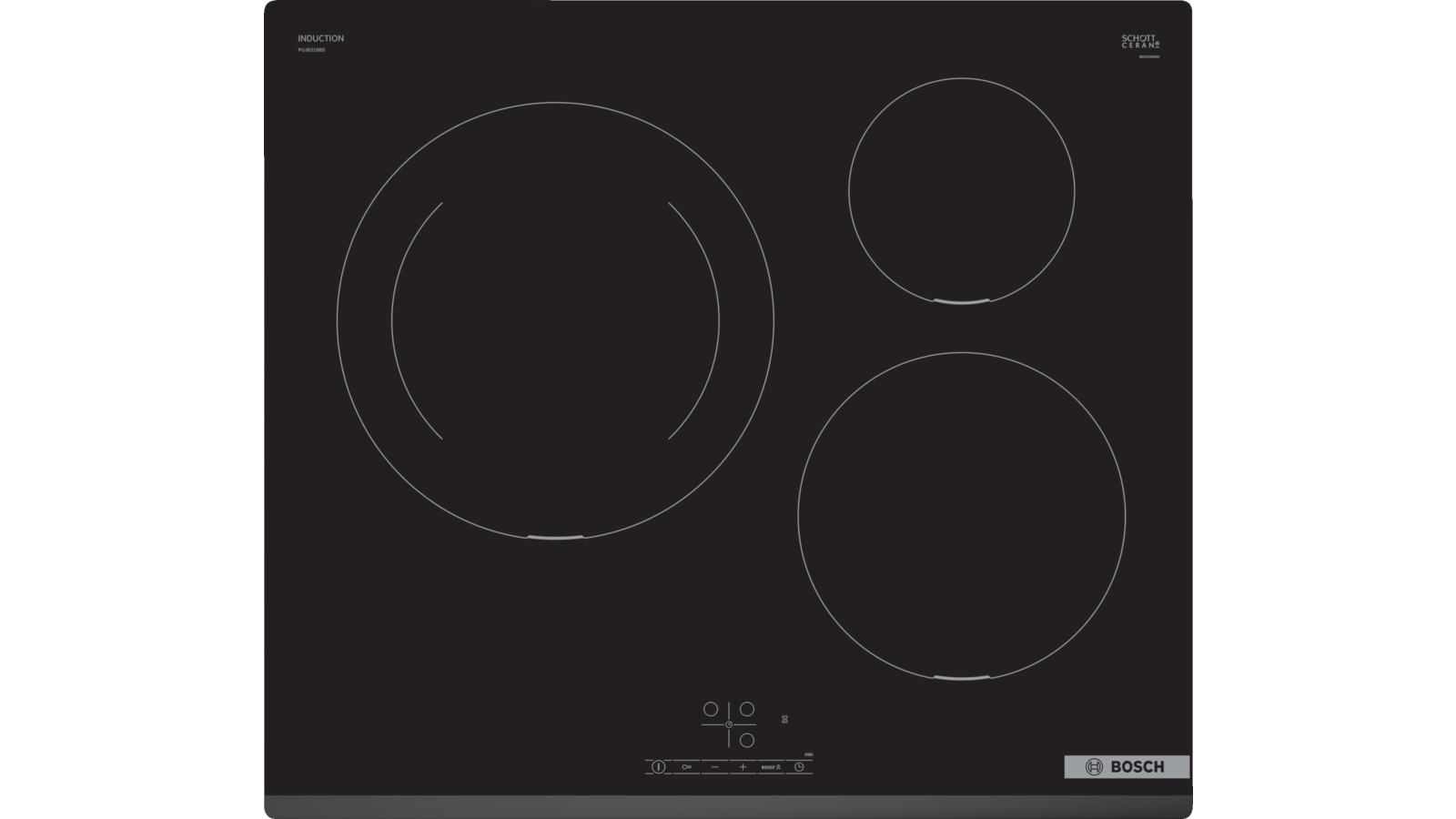 Encimera - Bosch PUJ631BB5E, Eléctrica, Encimera inducción, 3 zonas, 28 cm, Negro