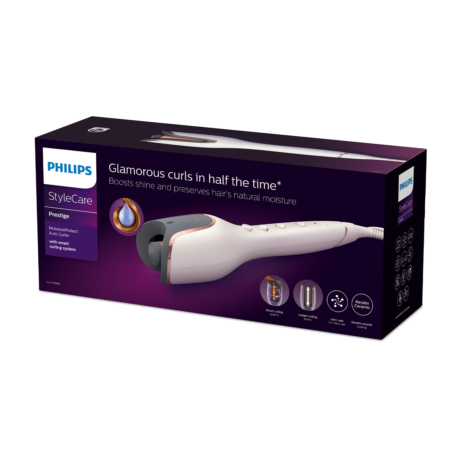 Scatola Philips StyleCare, arricciacapelli bianco e oro rosa visibile.