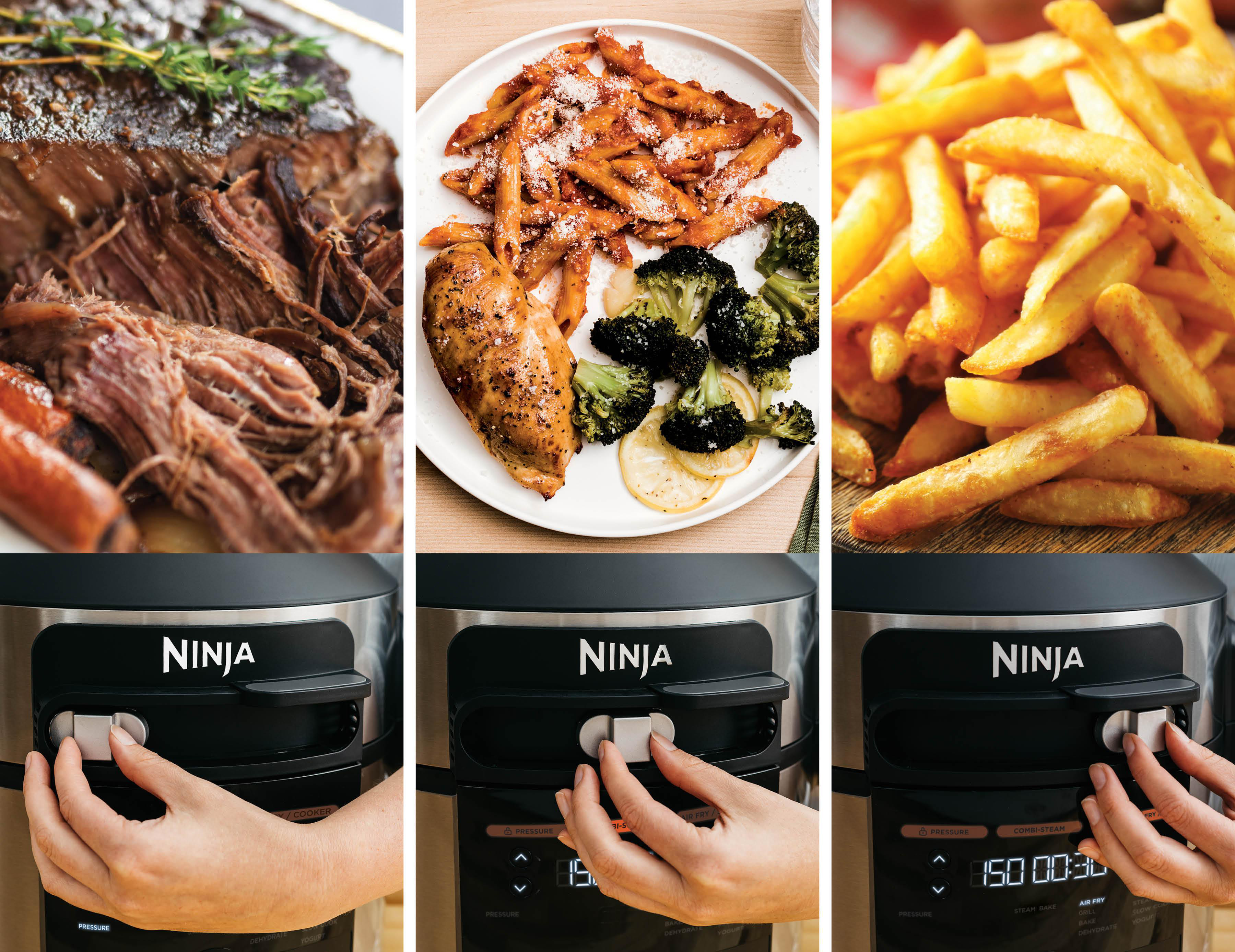 Das Bild zeigt gekochtes Fleisch, Nudeln, Hähnchen, Pommes und ein Ninja-Gerät mit Händen, die Einstellungen vornehmen.
