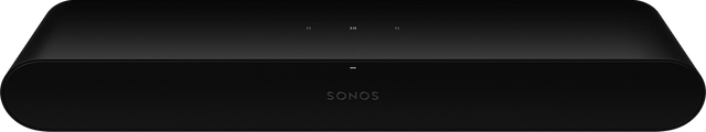 Schwarze Soundbar mit Sonos-Logo und Wiedergabe-/Pause-Tasten.