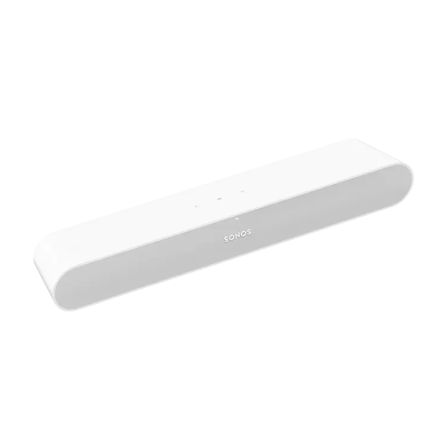 Soundbar Sonos bianca; altoparlante lungo e rettangolare.