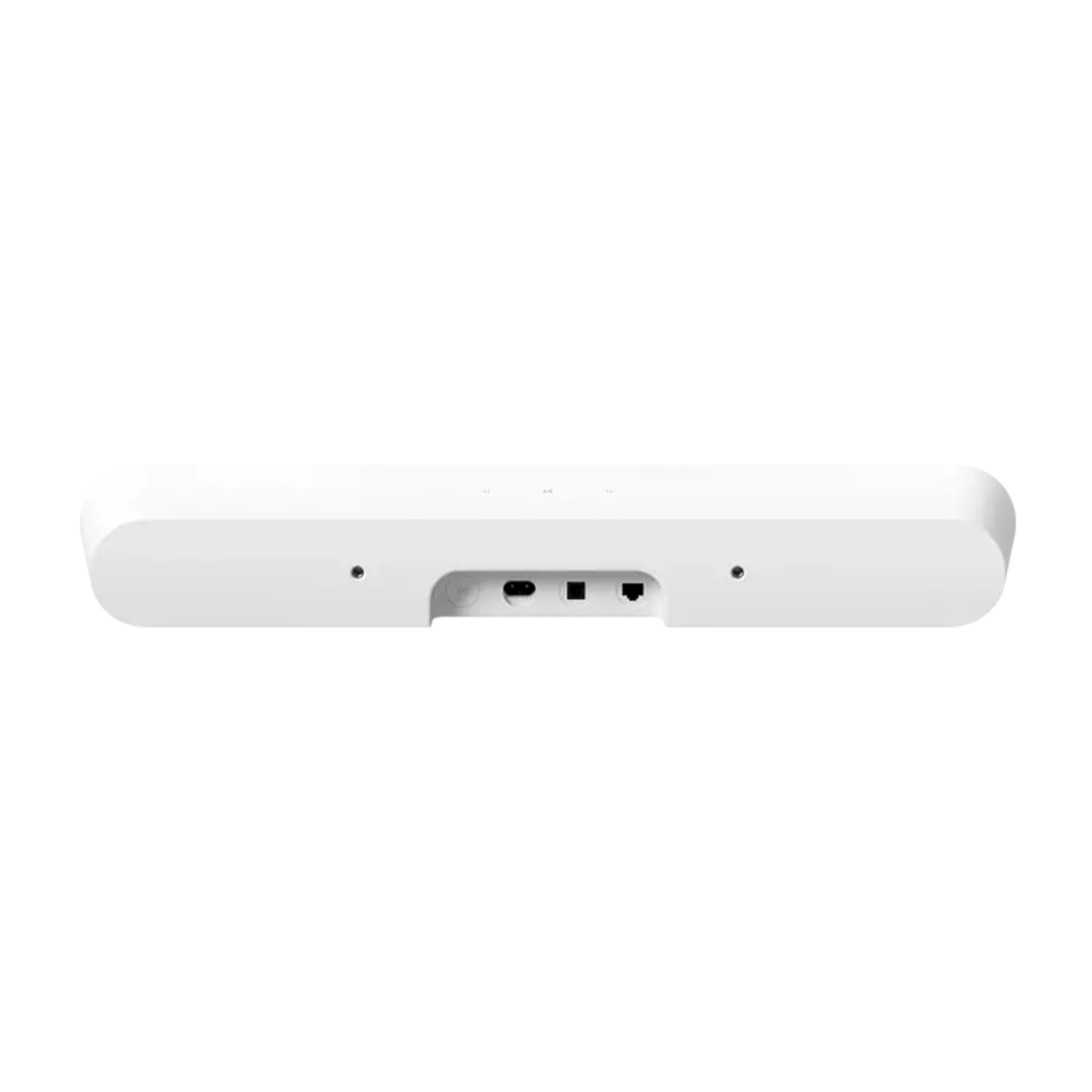 Soundbar bianca con porte sul retro. Ha un design semplice e rettangolare.