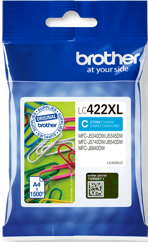 Paquet de cartouche d'encre cyan Brother LC422XL. Fond blanc, plastique transparent.