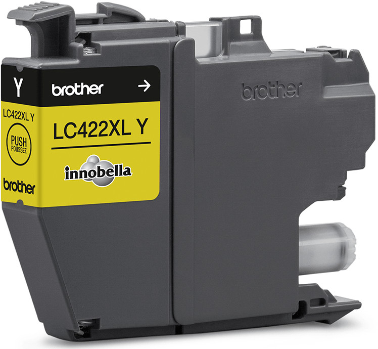 Yellow Brother LC422XL Y ink cartridge. Has yellow label with black text. InnoBella logo present.