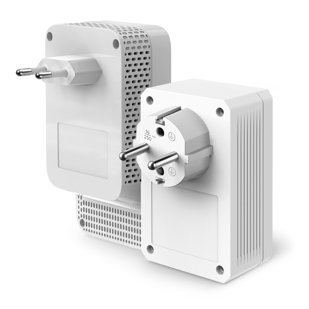 Twee witte powerline-adapters met pinnen, één is in de andere gestoken.