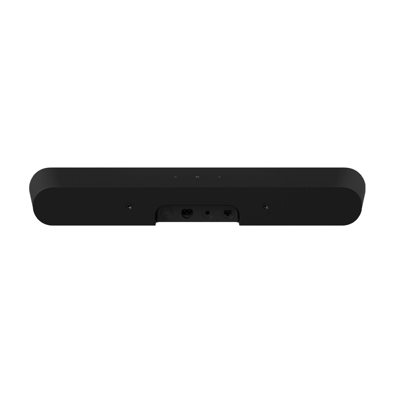 Vista posteriore della soundbar nera con porte per alimentazione, ethernet e altro.