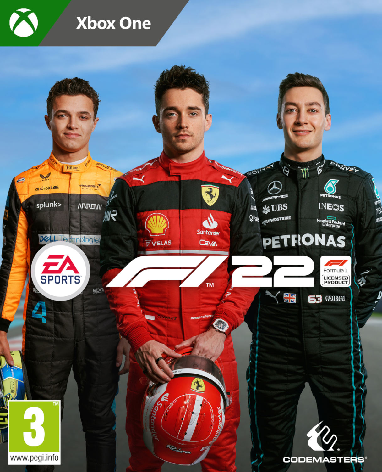Xbox One gamecover: F1 22. Toont drie Formule 1-coureurs in hun uniformen. Beoordeling: 3. EA Sports logo.