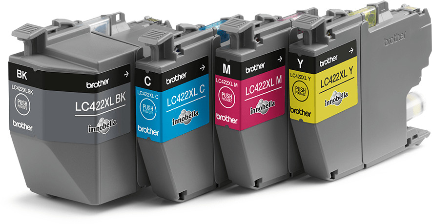 Four ink cartridges, labeled BK, C, M, Y. Each has color name and a 'PUSH' label.