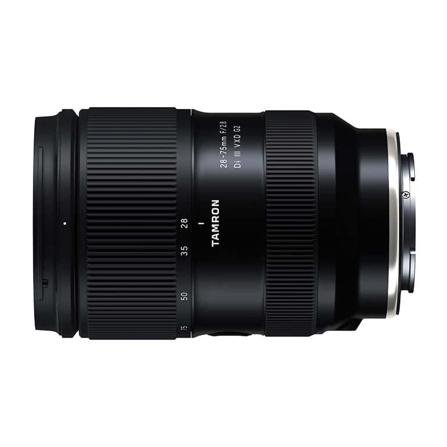 Obiettivo fotocamera nero. Marchio Tamron. Ha segni per le lunghezze focali.