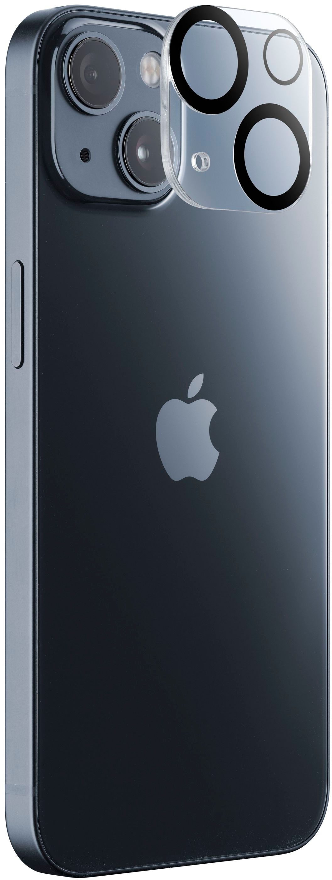 Ein Smartphone mit schützenden Kameralinsen auf der Rückseite. Das Telefon ist blau, mit silbernem Apple-Logo.