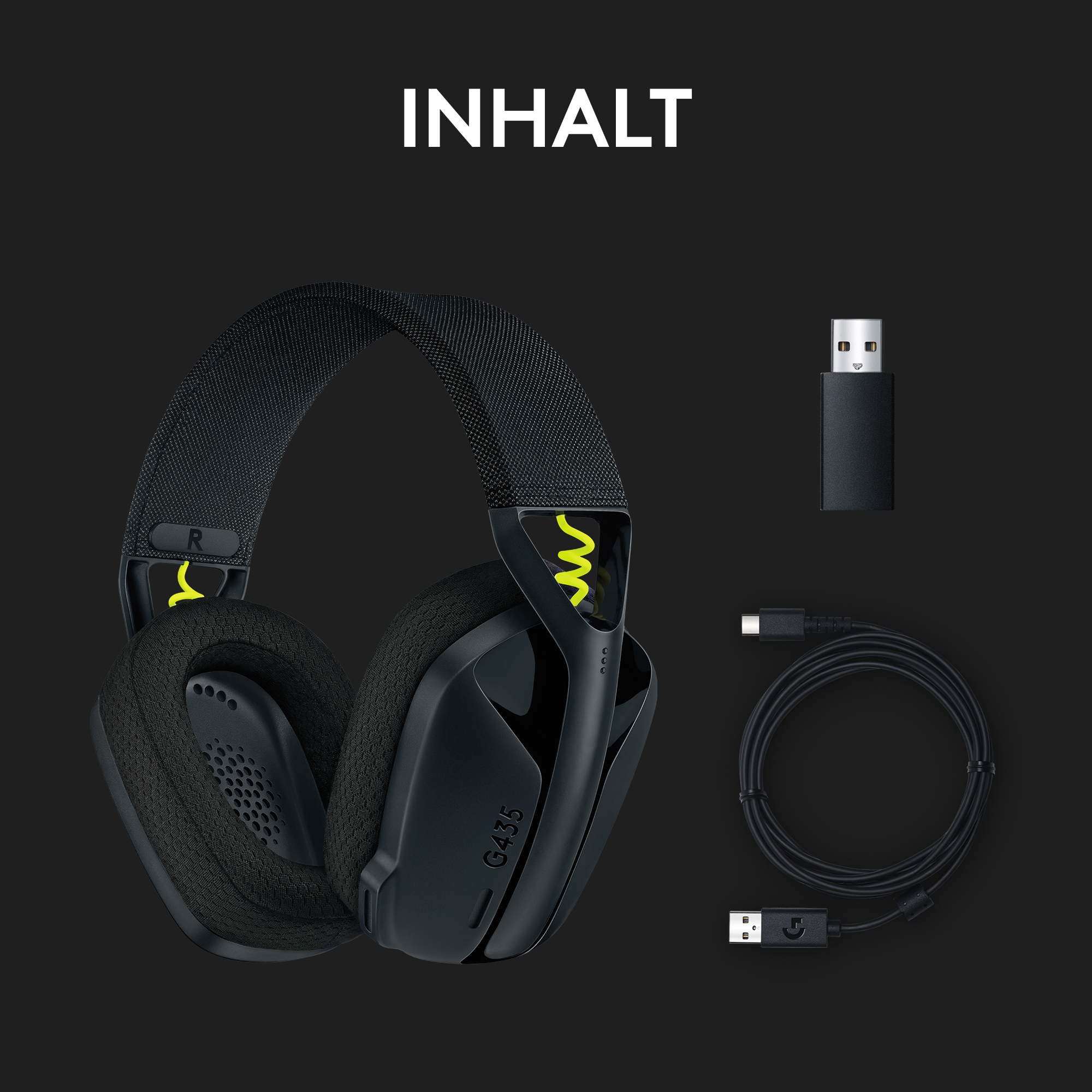 Kopfhörer, USB-Dongle, Kabel und USB-C-Kabel auf schwarzem Hintergrund.