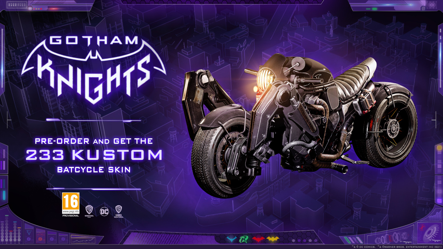 Gotham Knights game-advertentie. Motorfiets met stadsachtergrond. Donkerpaarse en neonkleuren.
