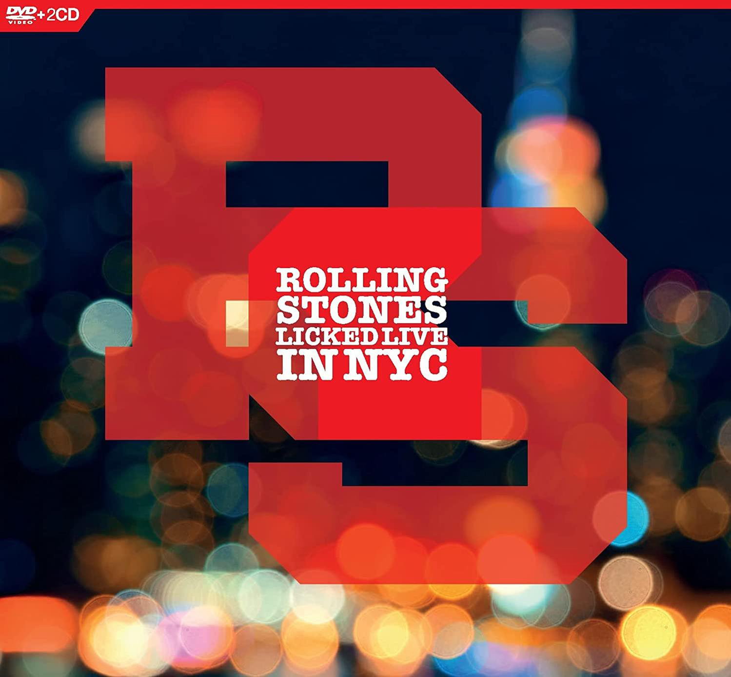 Rolling Stones Albumcover mit großen roten Buchstaben über einer verschwommenen Stadt bei Nacht.