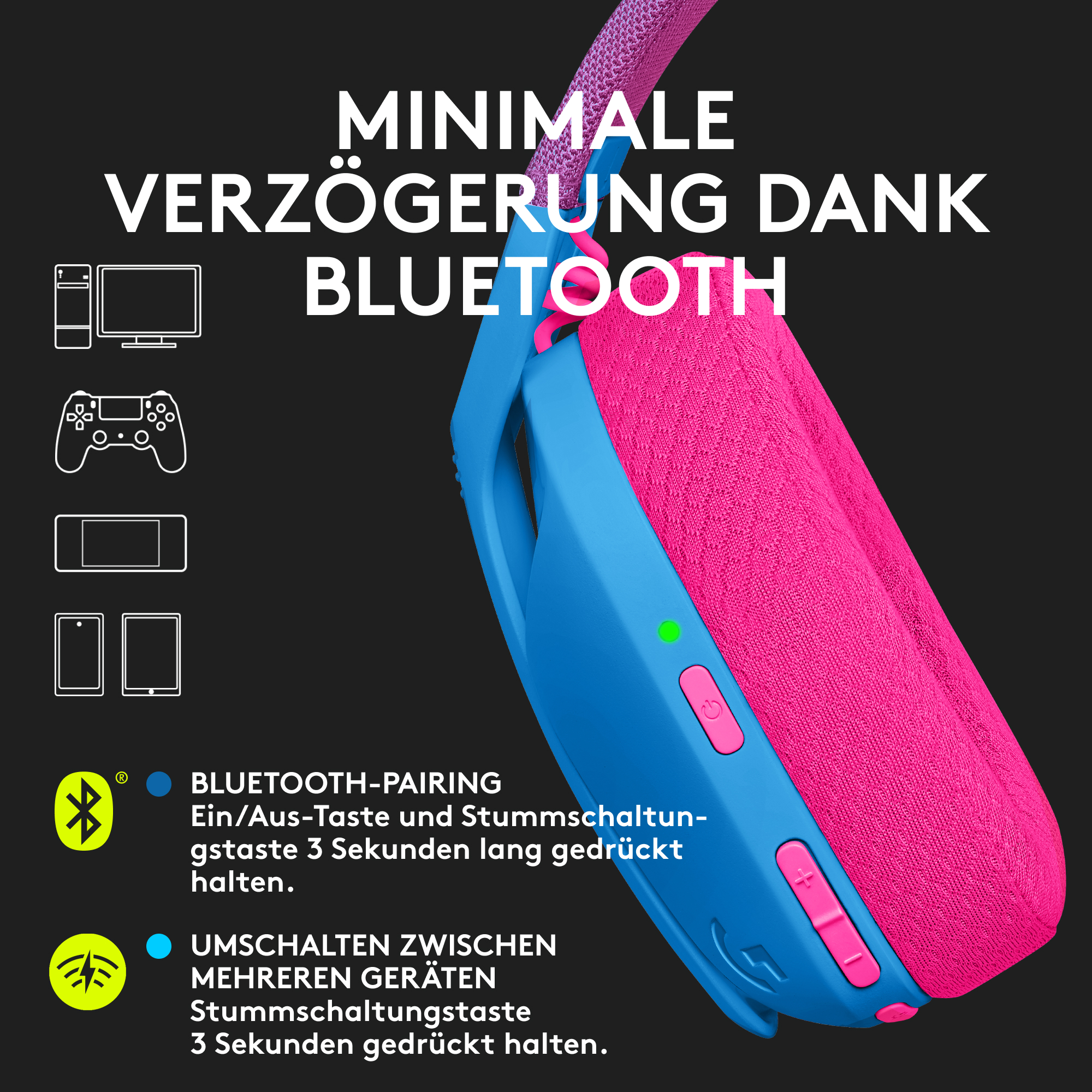 Nahaufnahme eines pinkfarbenen und blauen drahtlosen Headsets mit Text über Bluetooth-Pairing und Funktionen.