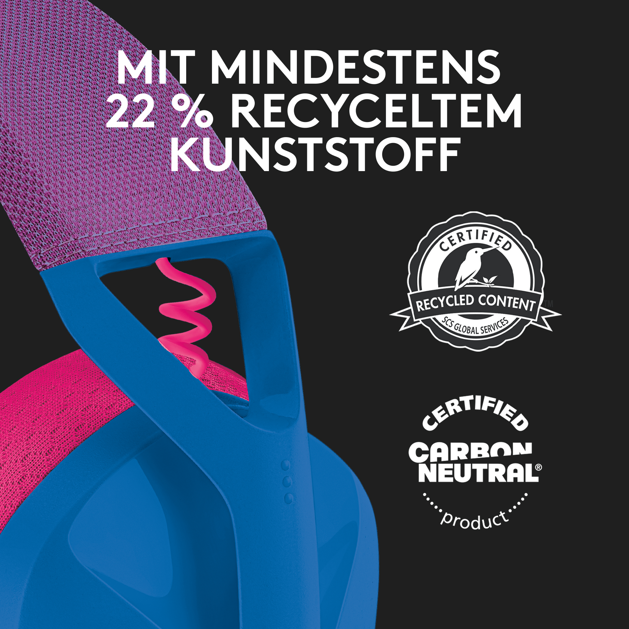 Blaue und pinke Kopfhörer mit Text über recycelte Materialien.