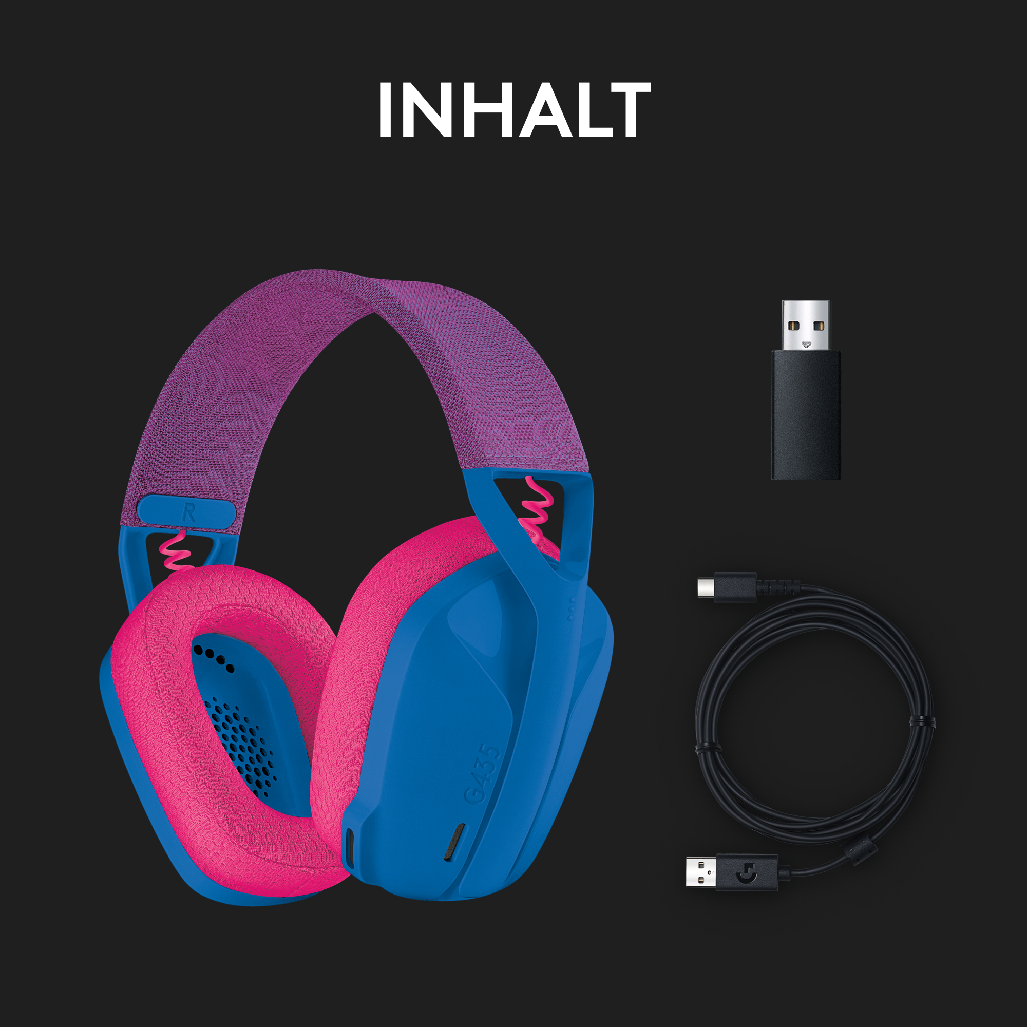 Blaues und pinkfarbenes Gaming-Headset mit Zubehör auf schwarzem Hintergrund.