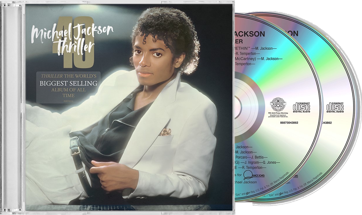 CD-Hülle mit Michael Jacksons 'Thriller'-Albumcover und Discs.