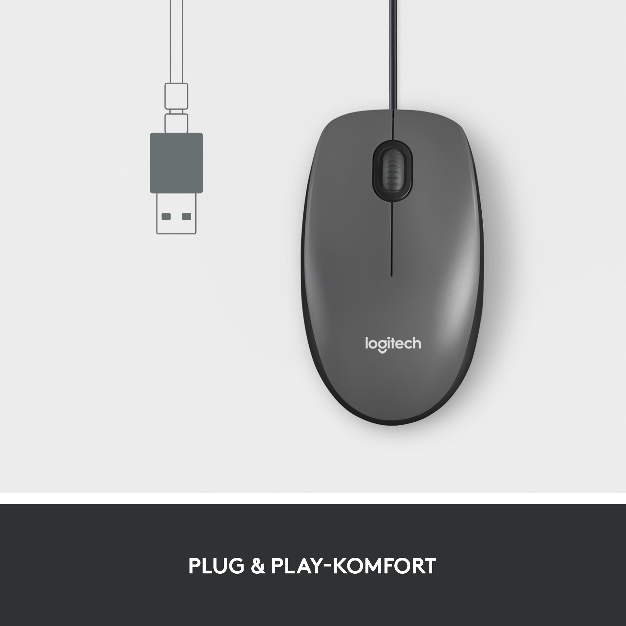 Logitech-Maus, dunkelgrau, mit USB-Kabel und Text: Plug & Play.