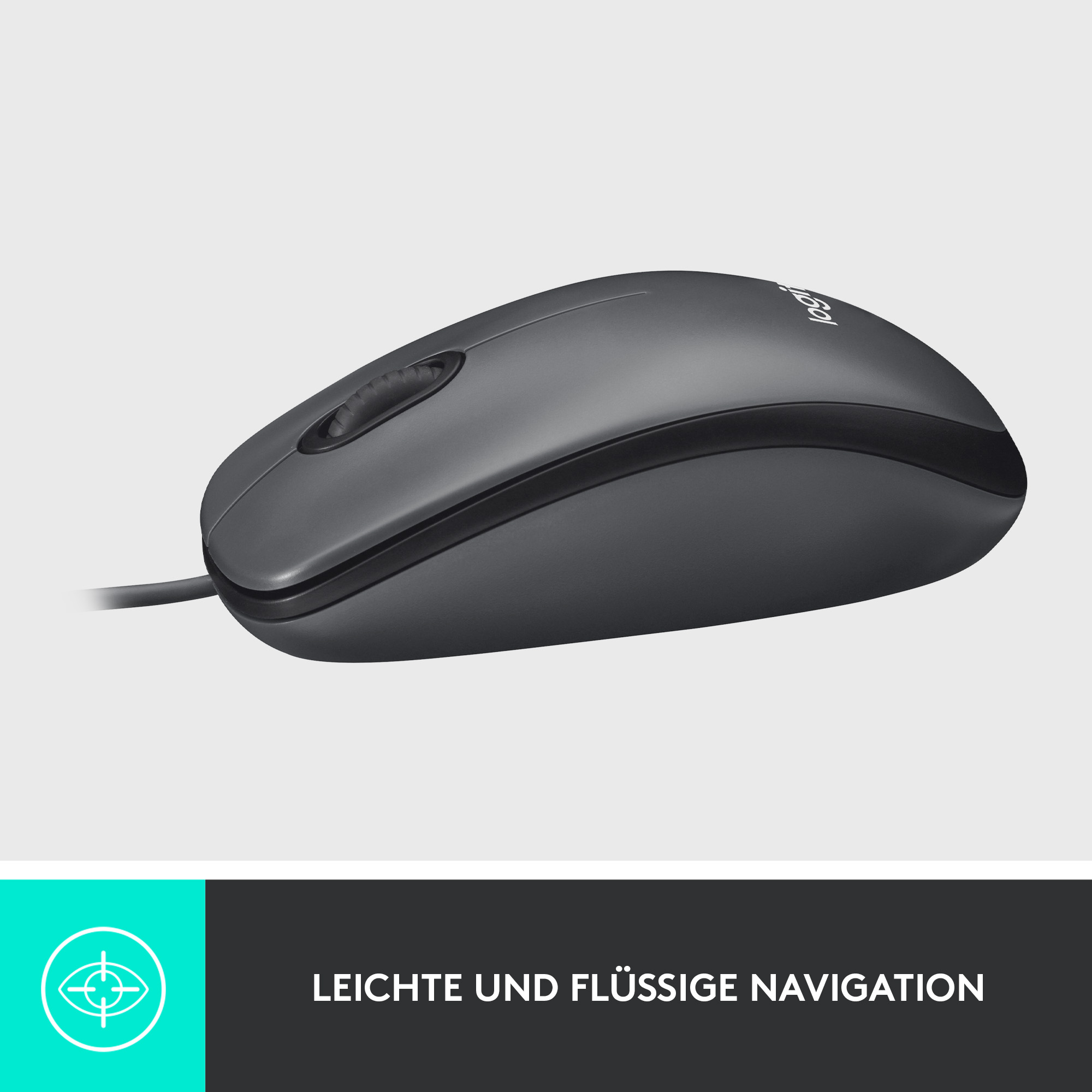 Graue Computermaus mit Scrollrad und schwarzem Kabel auf hellgrauer Oberfläche.