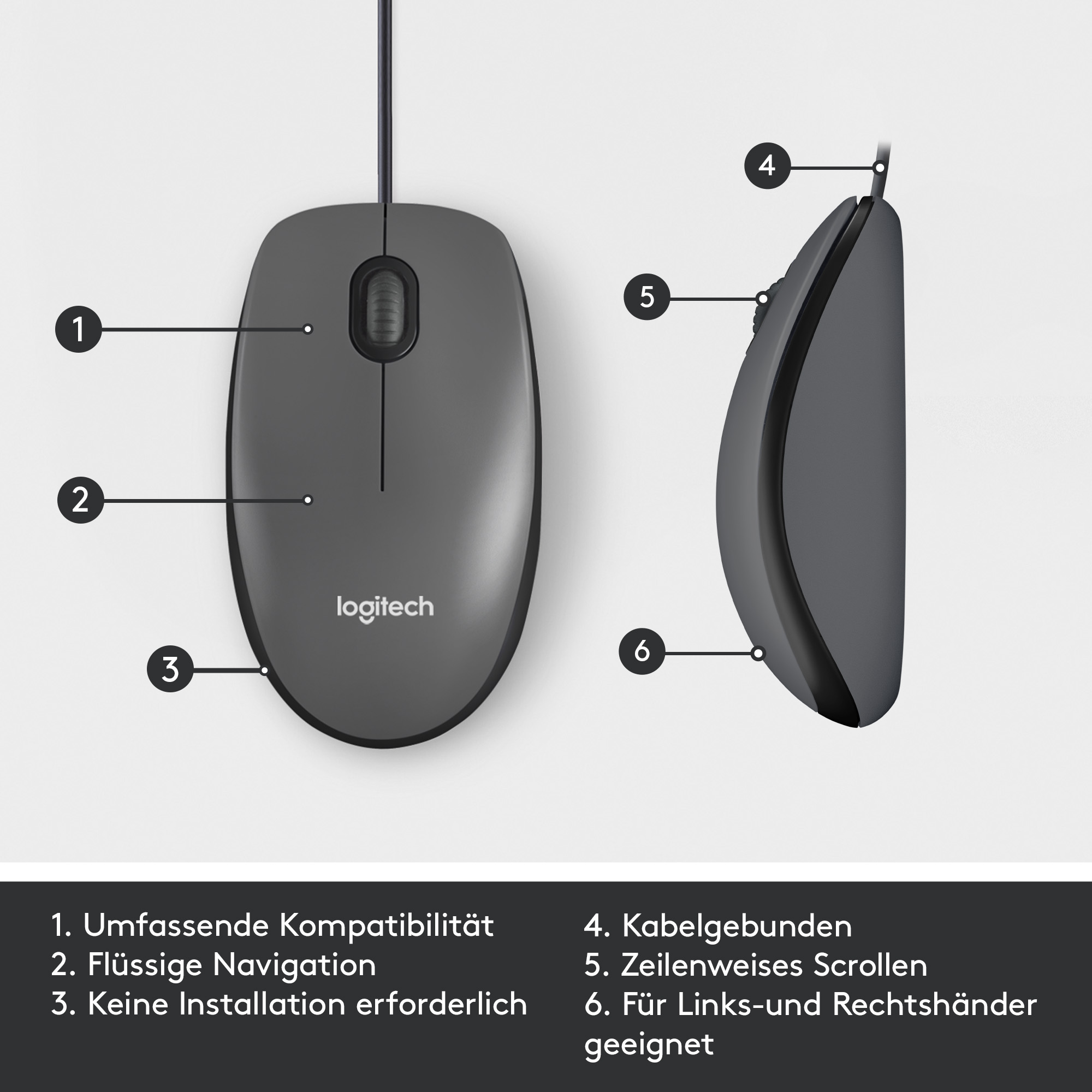 Dunkelgraue Logitech-Maus mit beschrifteten Teilen. Text auf Deutsch beschreibt Funktionen.