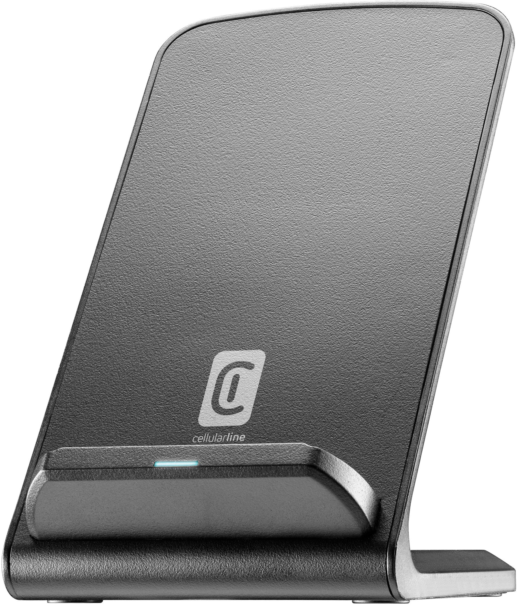 Support de charge sans fil cellularline noir avec une lumière de charge bleue.