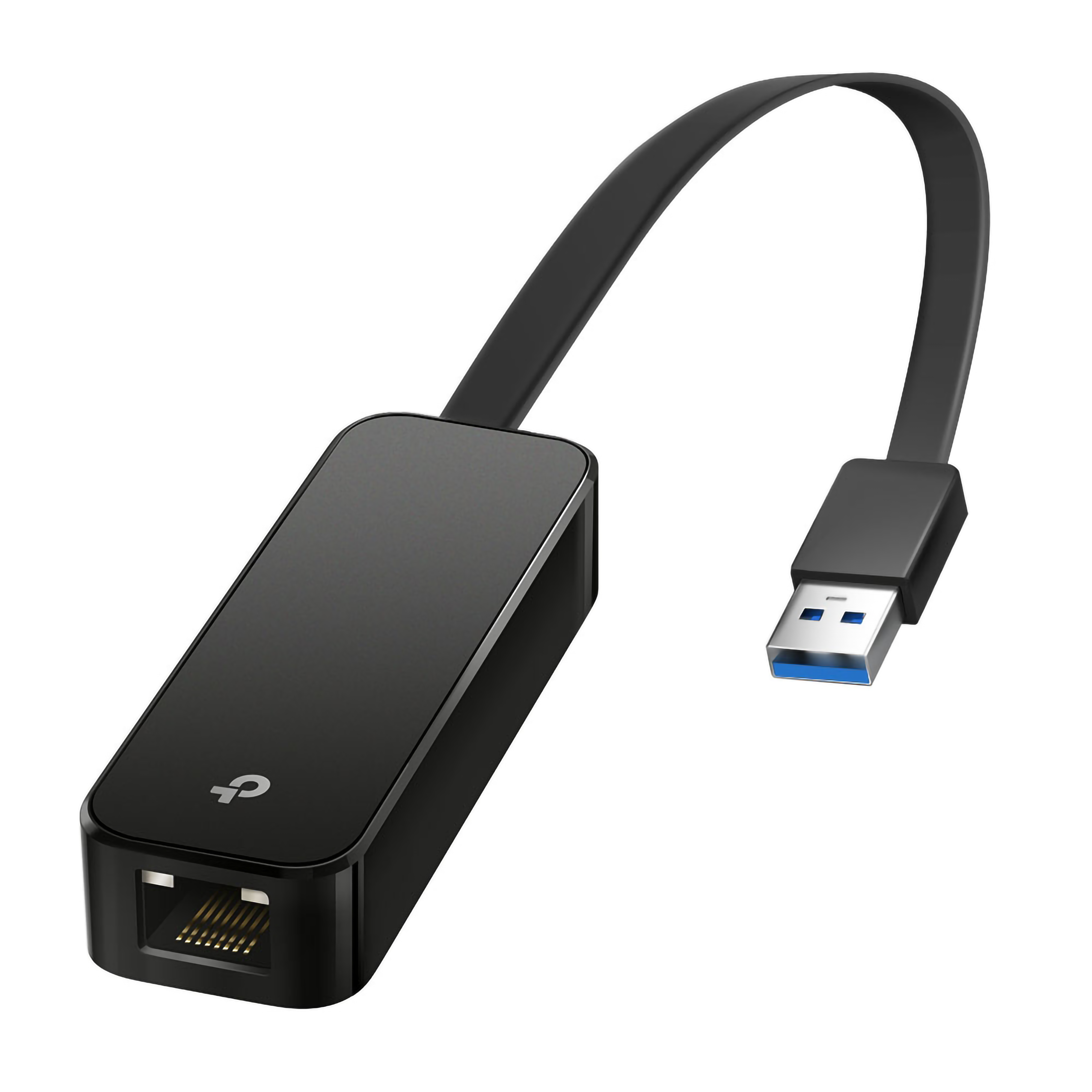 Een zwarte USB naar ethernet adapter met een zwarte kabel en een blauwe USB connector.