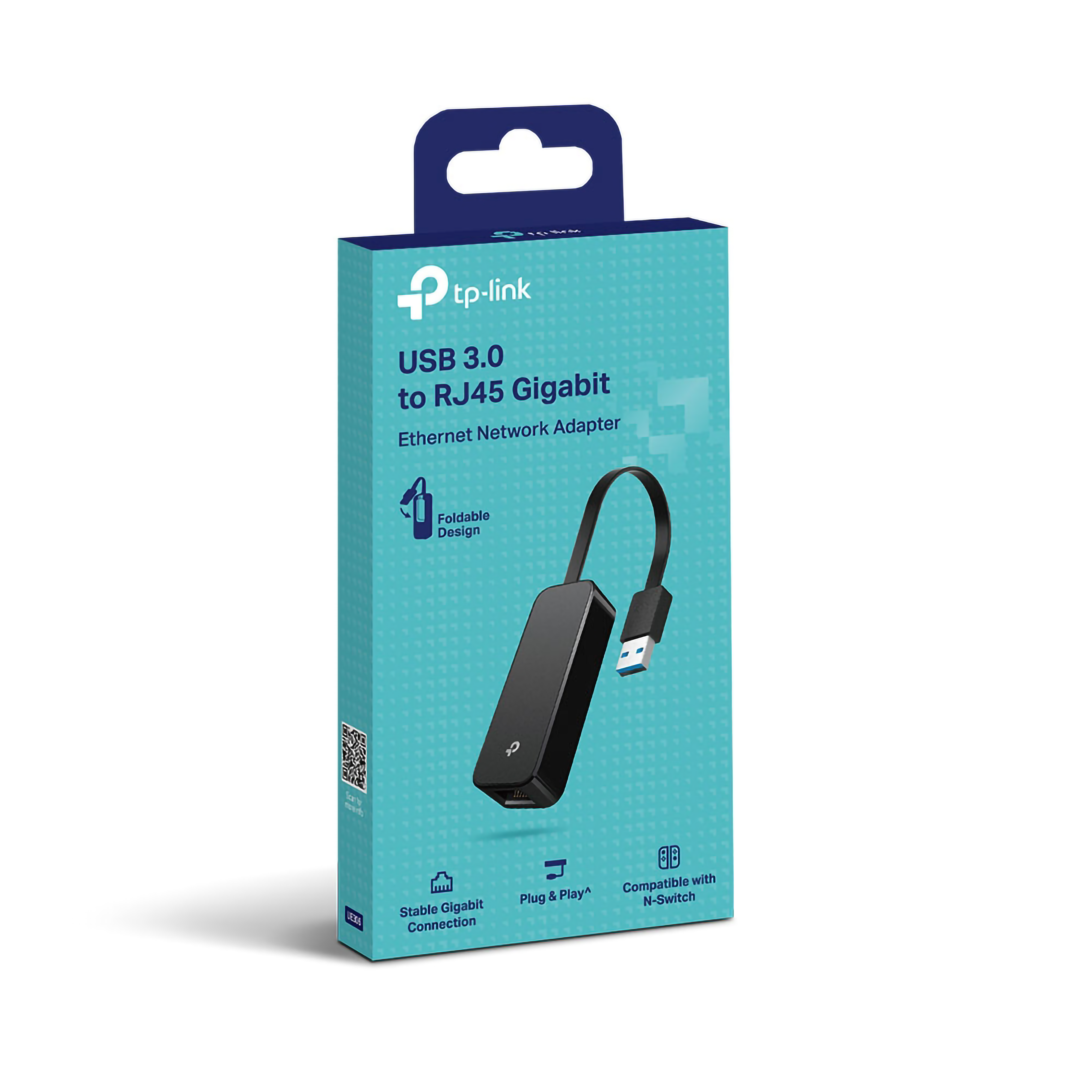 Zwarte USB naar RJ45 Gigabit Ethernet adapter in een blauw-witte doos.