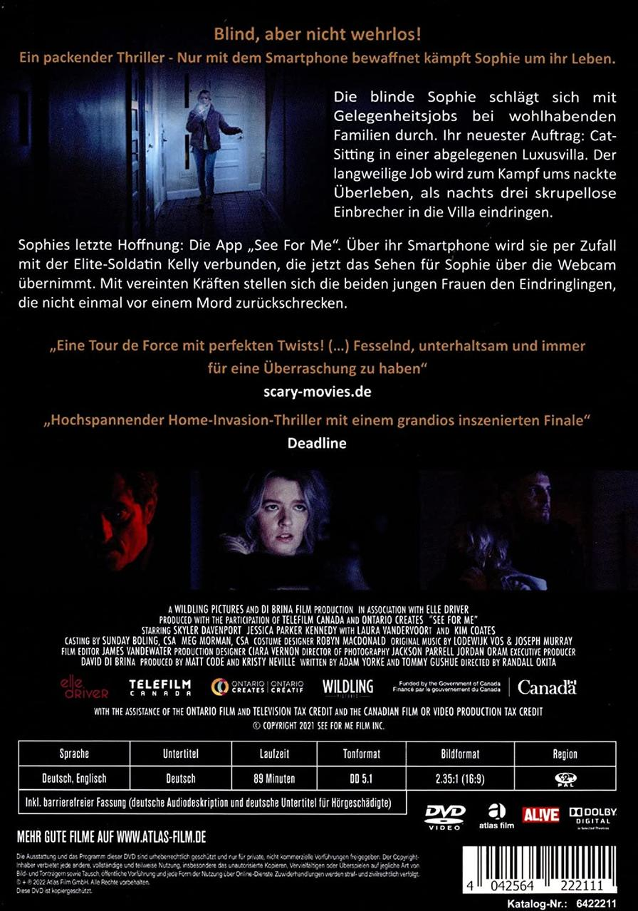 Filmplakat: Frau in Tür, Text auf Deutsch. DVD-Cover für "See For Me".