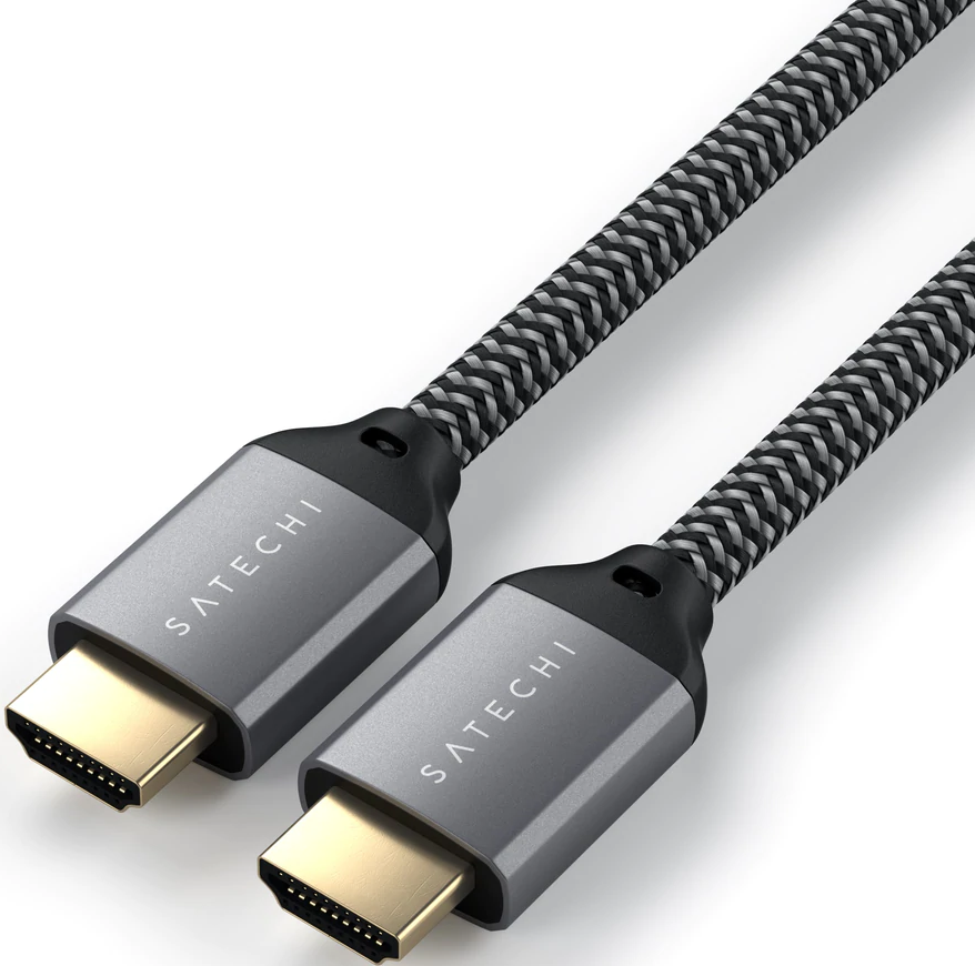 Zwei grau-schwarze HDMI-Kabel mit Steckern, schräg auf weißem Hintergrund.