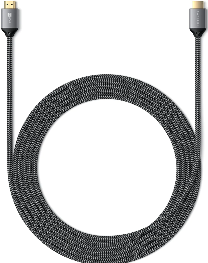 Schwarzes und graues HDMI-Kabel, mit geflochtenem Design und Satechi-Marke.