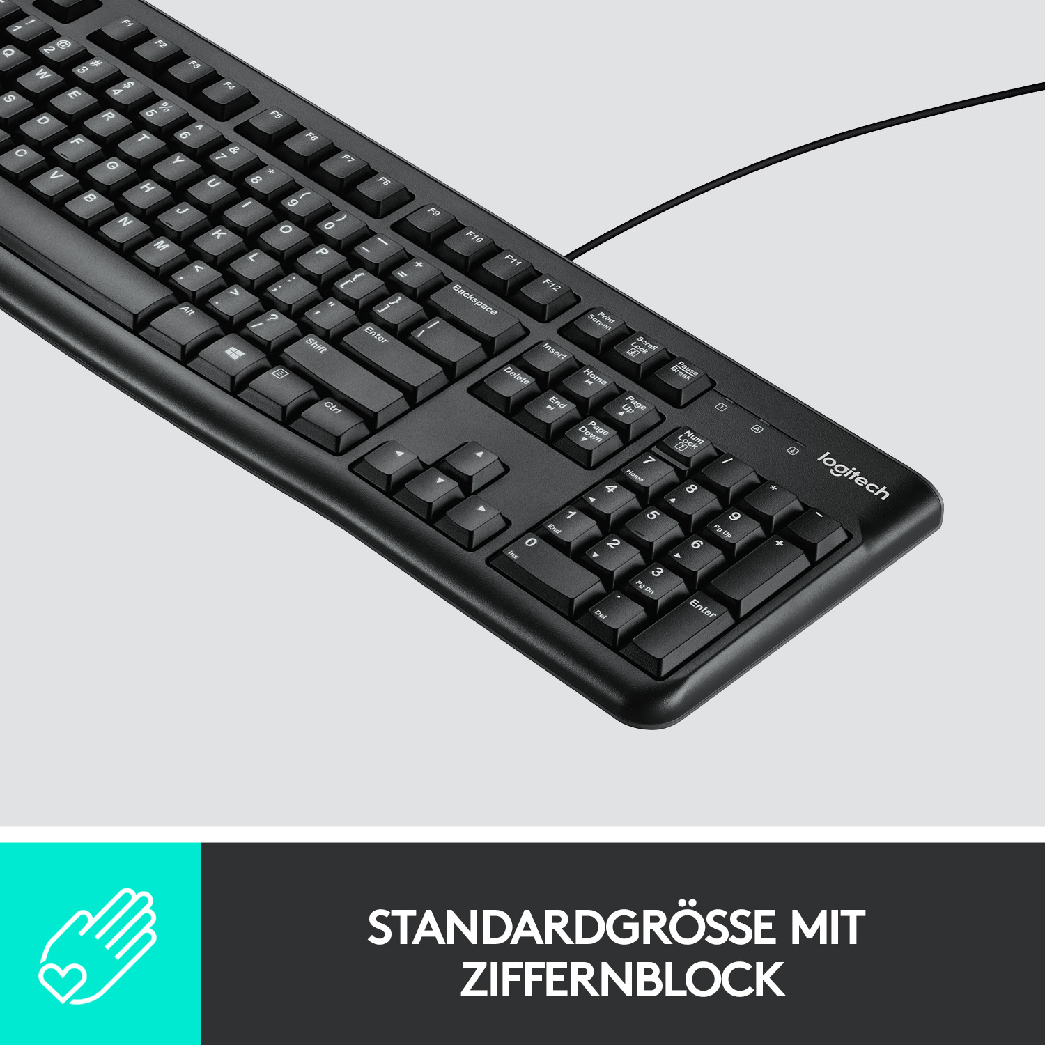 Schwarze Tastatur mit Nummernblock, weißer Text auf Tasten, Logitech-Logo.