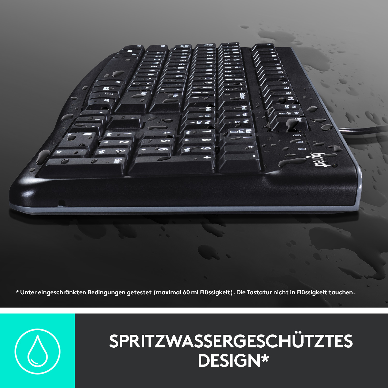 Eine schwarze Tastatur mit Wassertropfen darauf, mit Text über Wasserbeständigkeit.