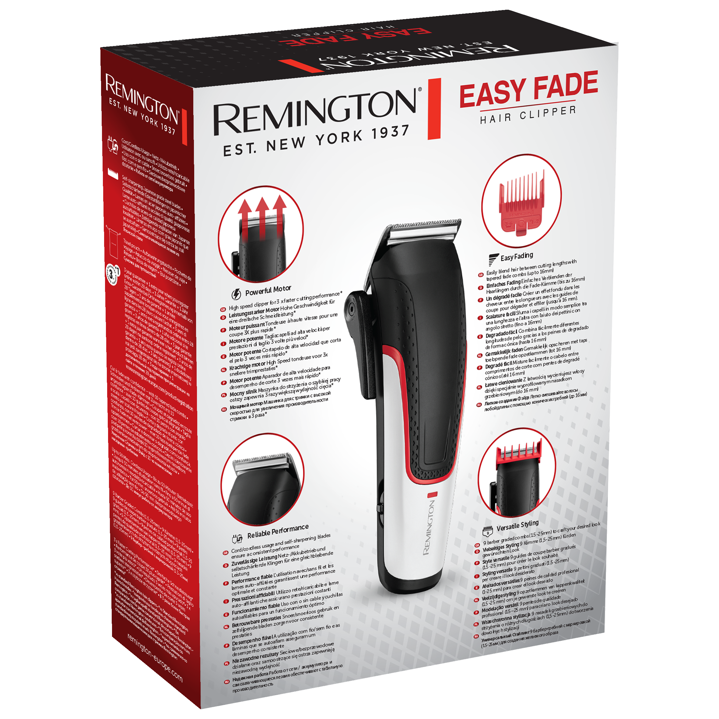 Remington tondeuse doos met de tondeuse, functies en styling gidsen.