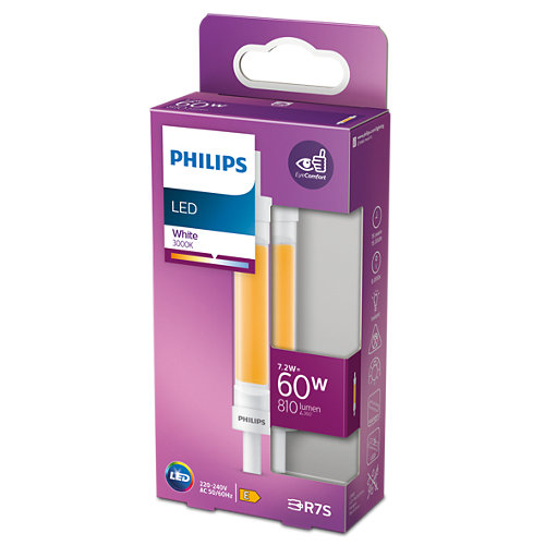 Eine Philips LED-Glühbirnenbox mit lila und weißem Design, mit einem Glühbirnenbild und Augentext.